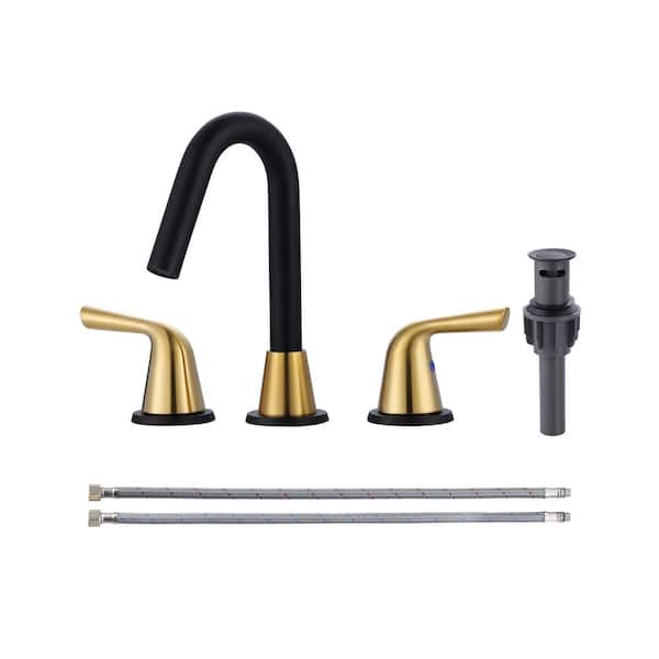 WOWOW 8 in. Widespread Double Handle Bathroom Faucet in Gold and Black
