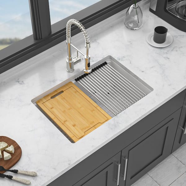 28 in. Undermount Single Bowl White Quartz Kitchen Sink with Bottom Grids