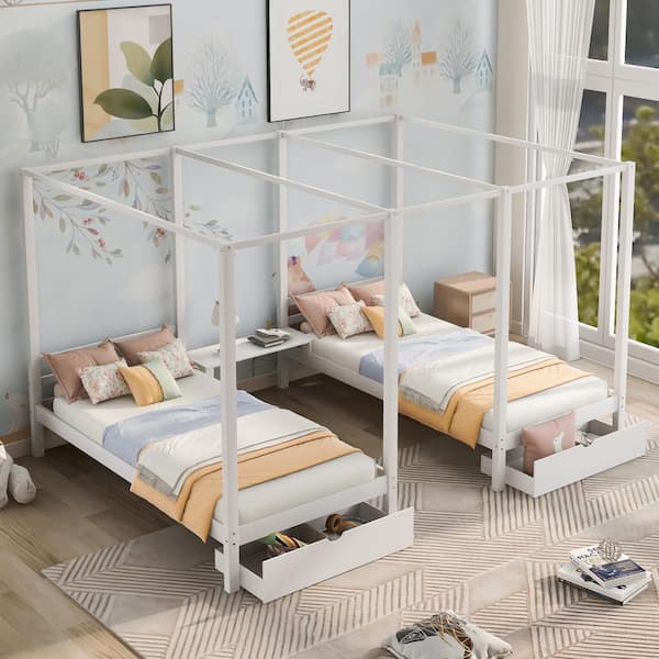 Anbazar White Two Twin Size Canopy Beds, Twin Size Bed For 2 Year Old