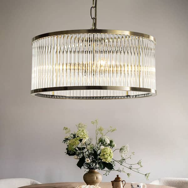 16 in. W Modern 4-Light Glam Glass Drum Chandelier Antique Bronze Contemporary Adjustable Hanging Light for Dining Room