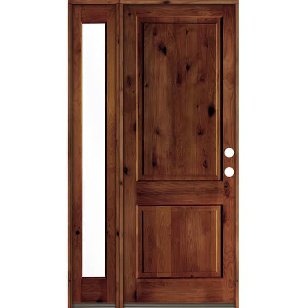 Krosswood Doors 56 in. x 96 in. Rustic knotty alder Left-Hand/Inswing Clear Glass Red Chestnut Stain Wood Prehung Front Door w/Sidelite