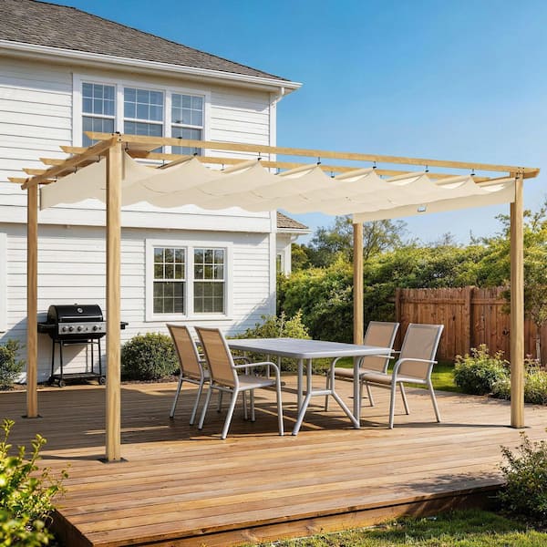 10 ft. x 13 ft. Wood Grain Aluminum Outdoor Pergola with Beige Retractable Shade Canopy