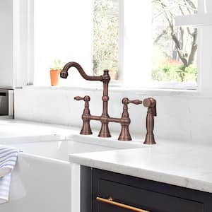 2-Handles Bridge Kitchen Faucet with Side Spray in Brushed Antique Bronze