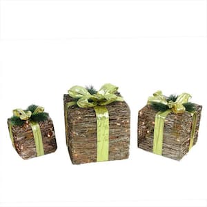 12 in. Christmas Decorations Lighted Natural Rattan and Glitter Gift Boxes (3-Pack)