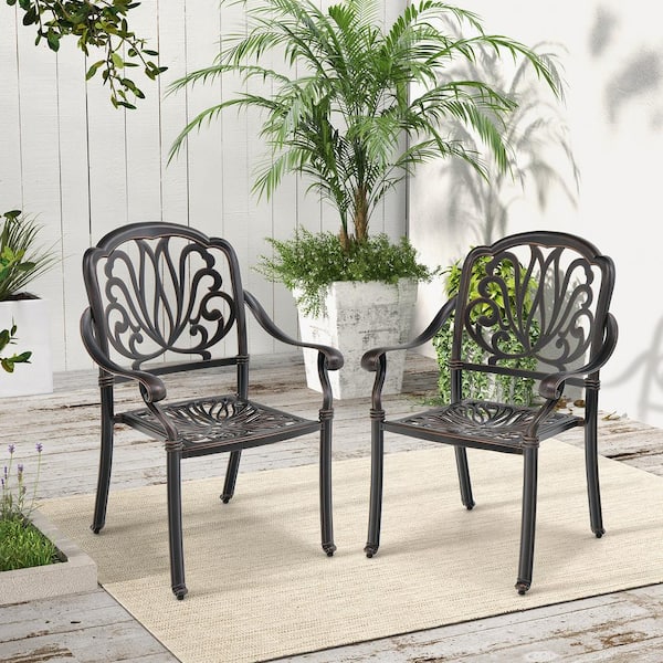 Unbranded Cast Aluminum Outdoor Dining Chair in Bronze with Armrests, Set of 2