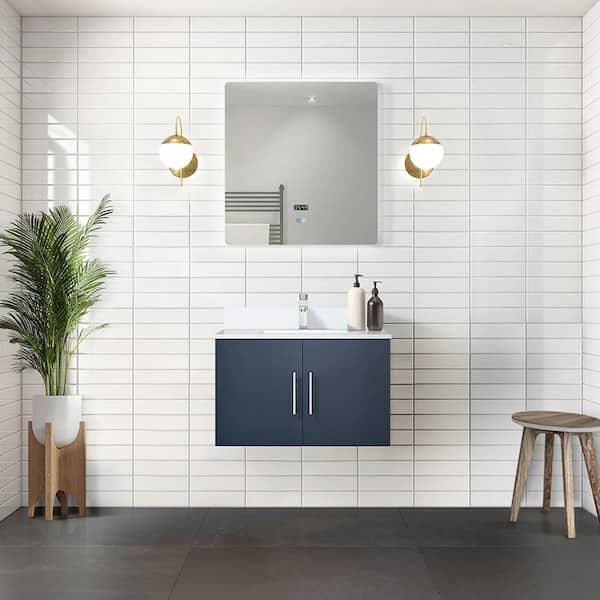 Lexora Geneva 30 in. W x 22 in. D Navy Blue Bath Vanity, White Quartz Top, and 30 in. LED Mirror