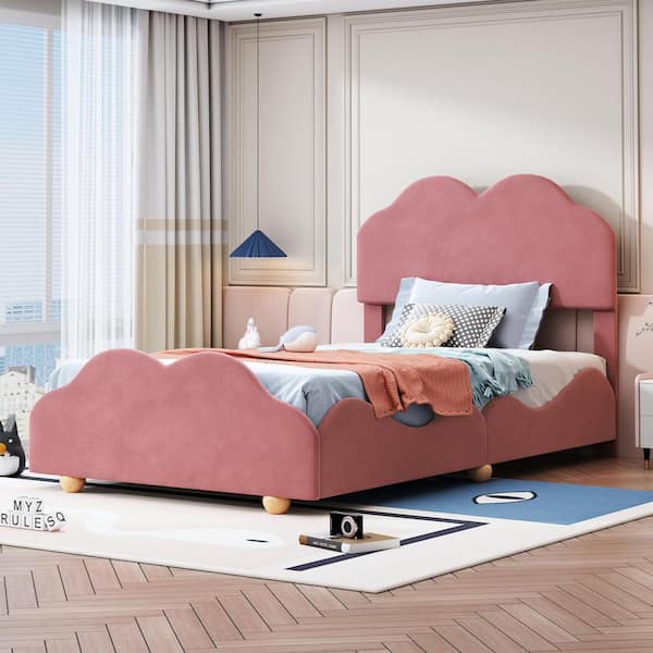 Harper & Bright Designs Dark Pink Wood Frame Twin Size Soft Velvet Upholstered Platform Bed with Lovely Cloud Shaped Headboard