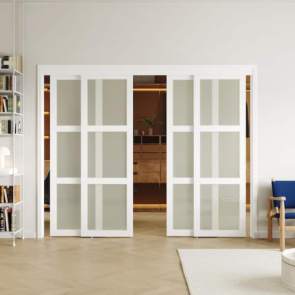 96in x 80in (Double 48" Doors) MDF, White Double Frosted 3 Panel Glass Sliding Door with All Hardware
