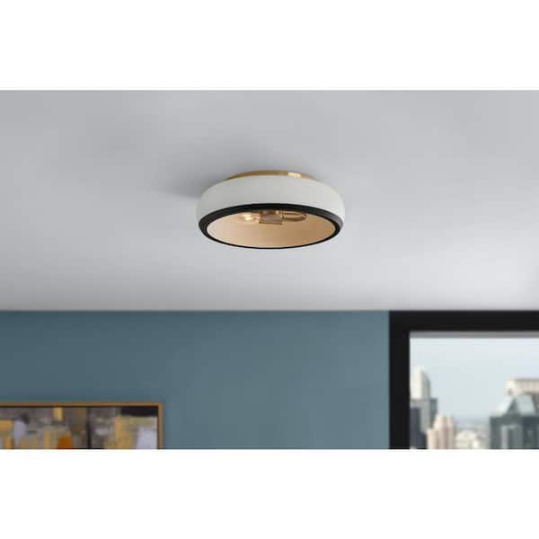 Peek 13 in. 2-Light Gold Flush Mount with Matte White and Matte Black Metal Shade
