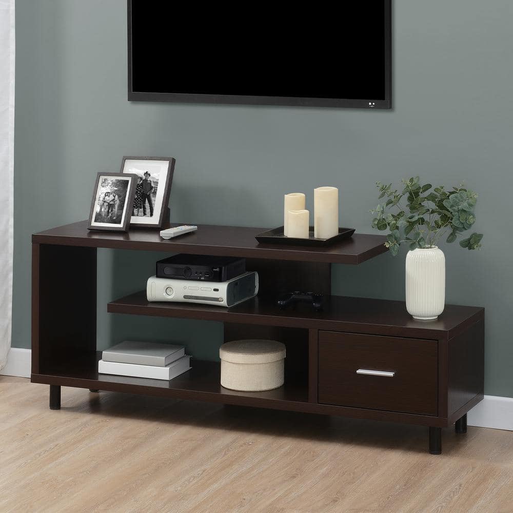 Espresso Modern 59" TV Stand with Cabinet and Open Shelves