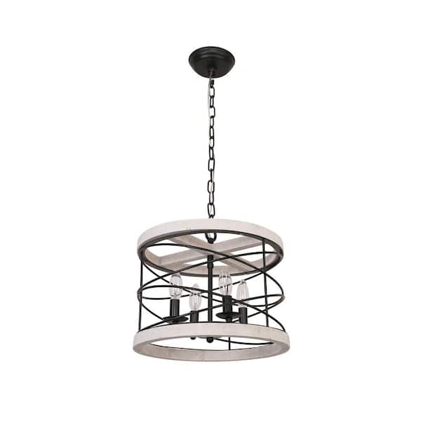 Oaks Aura Apsley Farmhouse Rustic 4-Light Barrel Frame Distressed White Finish Wood Chandelier