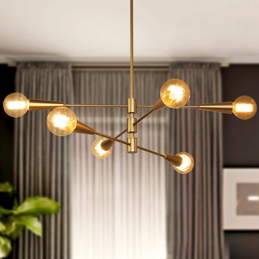 Uolfin Transitional Dining Room Chandelier 31 in. Modern Sputnik Chandelier 6 Light Brass Gold Tiered Kitchen Island Chandelier