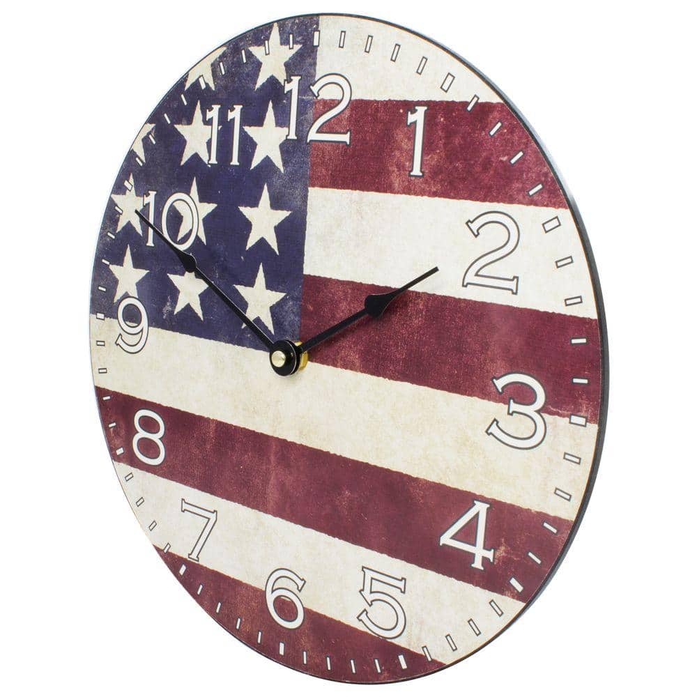 12-Inch Americana Flag Wood Round Analog Wall Clock