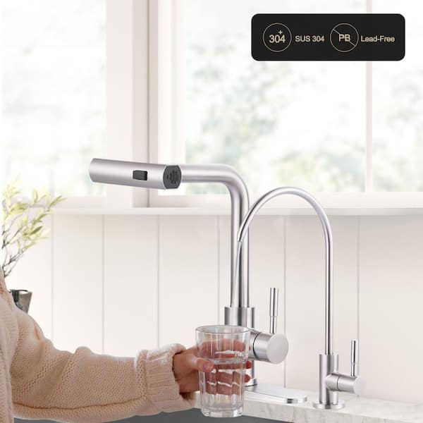 Brushed Nickel 15.7 in. Single Handle Pull Down Sprayer Kitchen Faucet with Drinking Water Faucet and 360° Swivel