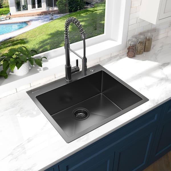 30 in. Drop-In Single Bowl 18 Gauge Gunmetal Black Stainless Steel Kitchen Sink with Black Spring Neck Faucet