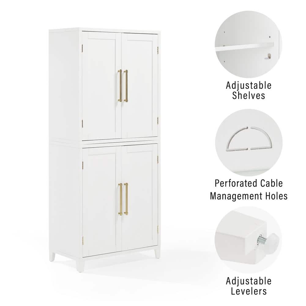 White Recessed Panel Kitchen Pantry Storage Cabinet with Gold Hardware