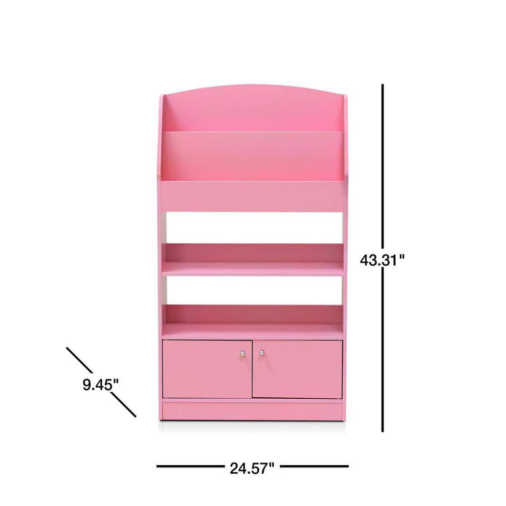 Contemporary Laminated Pink Wood Bookshelf for Kids with 4 Tiers and Cabinet