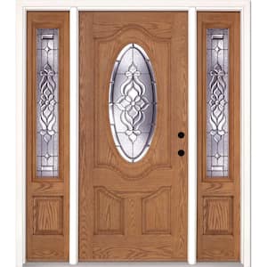 67.5 in. x 81.625 in. Lakewood Zinc 3/4 Oval Lite Stained Light Oak Left-Hand Fiberglass Prehung Front Door w/Sidelites