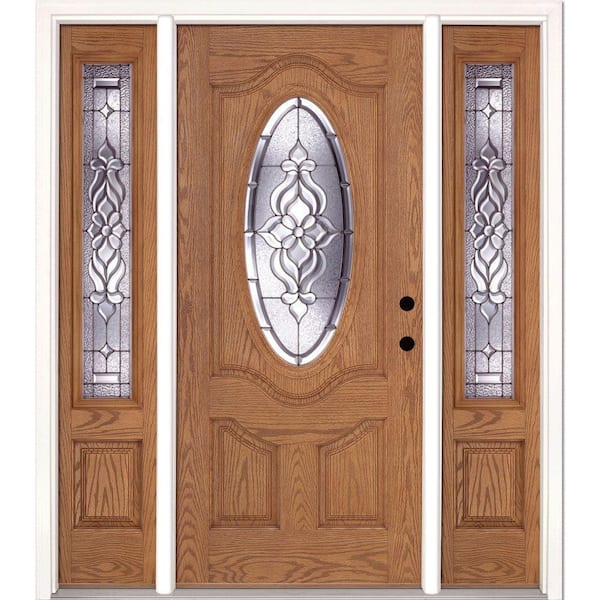 Feather River Doors 67.5 in. x 81.625 in. Lakewood Zinc 3/4 Oval Lite Stained Light Oak Left-Hand Fiberglass Prehung Front Door w/Sidelites