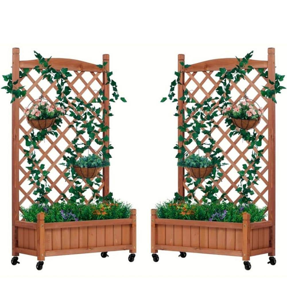 Rustic Solid Wood Raised Garden Bed with Trellis and Wheels