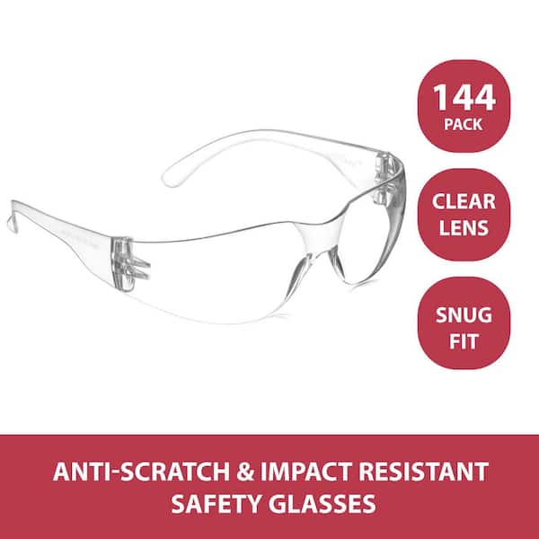Clear Lens Clear Frame Safety Glasses, Anti-Scratch, Impact Resistant, One Size, Lightweight, Value Pack, (144 Pairs)