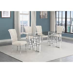 Dominga 5-Piece Rectangular Glass Top Stainless Steel Dining Set With 4 Cream Velvet Fabric Long Back Chrome Chair