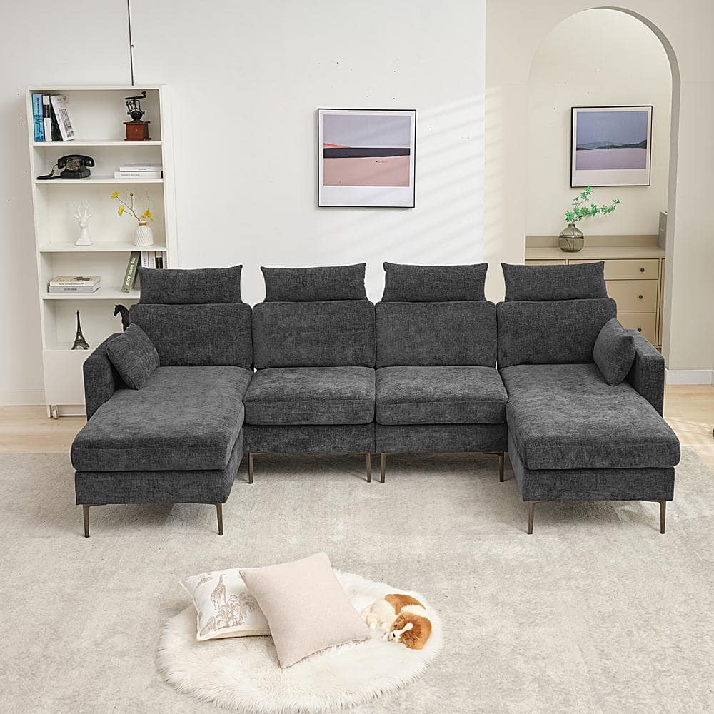 116.53 in. Square Arm Fabric U Shape Sectional Sofa with 2-Chaise Lounge and Pillow in Carbon Ash -  JEAREY, XNE-2-CarbonAsh