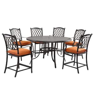 Charcoal Gray 7-Pieces Cast Aluminum Outdoor Dining Bar Set with Round Table and Dining Chairs with Orange Cushions
