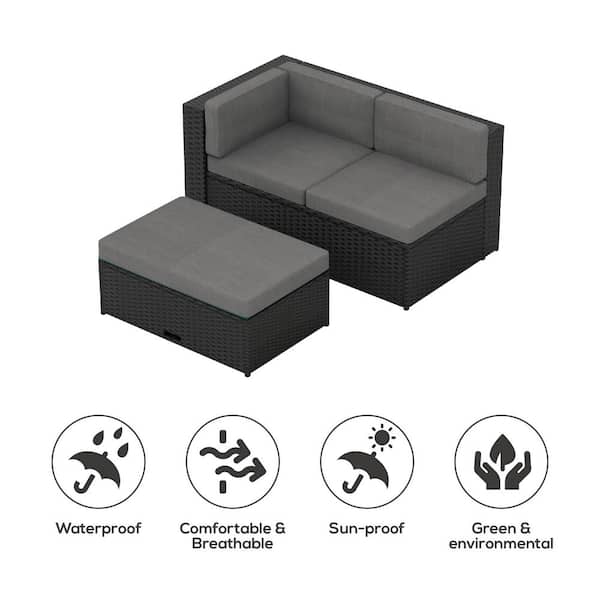 Kaison Black 2-Piece Wicker/Rattan Outdoor Loveseat and Ottoman with Gray Cushions