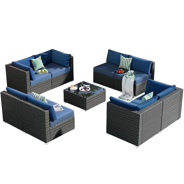 Arctic 9-Piece Wicker Outdoor Sectional Set with Denim Blue Cushions