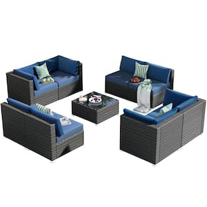 Poseidon Gray 9-Piece Wicker Outdoor Patio Conversation Sectional Sofa Seating Set with Denim Blue Cushions