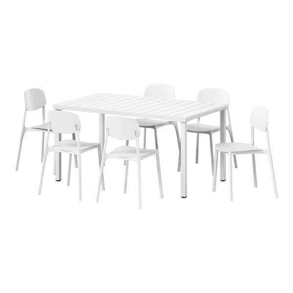 Frond and Form Outdoor Patio Modern 7-Piece Rectangular Steel Table, 6 Stackable HDPE Plastic Chairs Dining Set, White