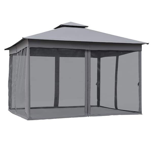 10 ft. x 12 ft. Gray Hardtop Outdoor Gazebo with Double Roof, Mosquito Netting