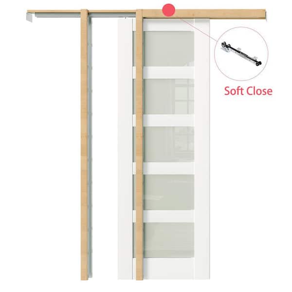 24 in. x 80 in. White Primed Composite 5 Lite Frosted Glass Pocket Door with Soft Close, Frame and Full Hardware Kit