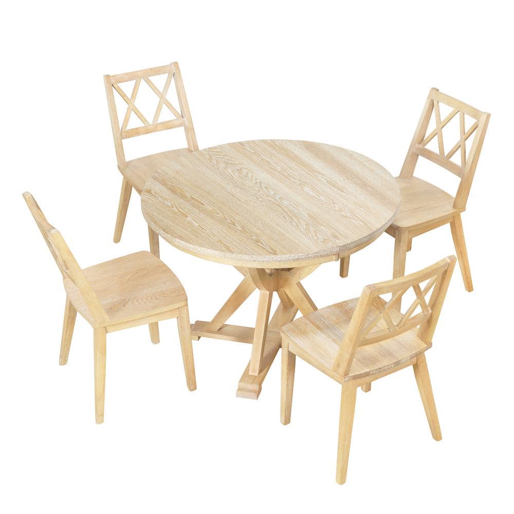 Light Brown Mid-Century 5-Piece Wood Outdoor Dining Extendable Round Table 