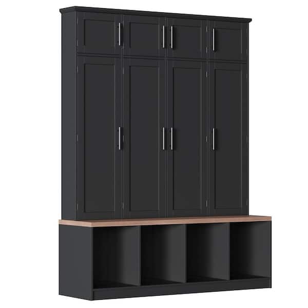 Black 8-door Hall Tree with Walnut Seating Bench, Shoe Cabinet and 4 Hidden Hanging Hooks