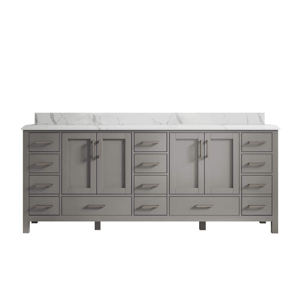 Elephant Skin Gray Double Sink Freestanding Solid Wood Vanity with Quartz Top