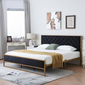 Black Frame King Size Velvet Platform Bed with 10 in. Under Bed Storage Supported by Metal and Wooden Slats