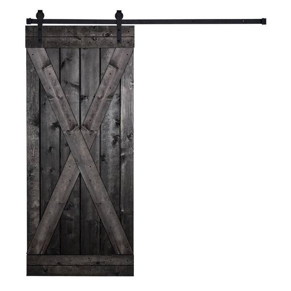 AIOPOP HOME X-Bar Serie 42 in. x 84 in. Charcoal Knotty Pine Wood DIY Sliding Barn Door with Hardware Kit