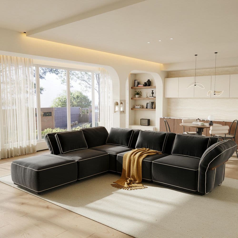 Camelot 129 in. Oversized Deep Seat Pillow Top Arm Fabric Modular Sectional Sofa with Washable Cover, Ottoman in Black