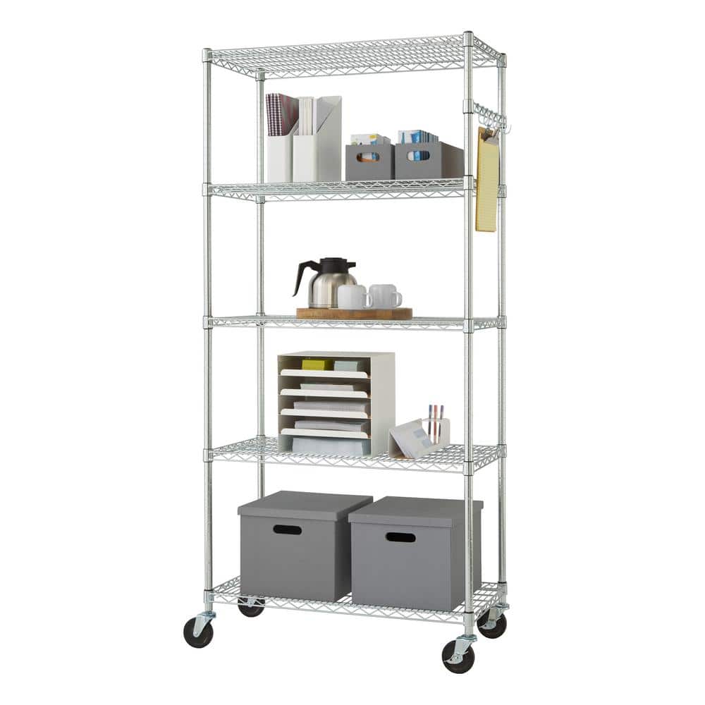 Adjustable Black 5-Tier Chrome Wire Shelving Unit with Hooks