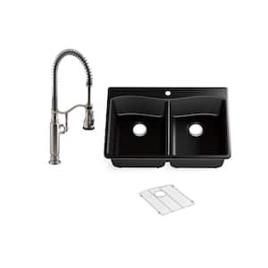 Kennon Drop-in/Undermount Neoroc Granite Composite 33 in. Double Bowl Kitchen Sink with Tournant Faucet in Matte Black