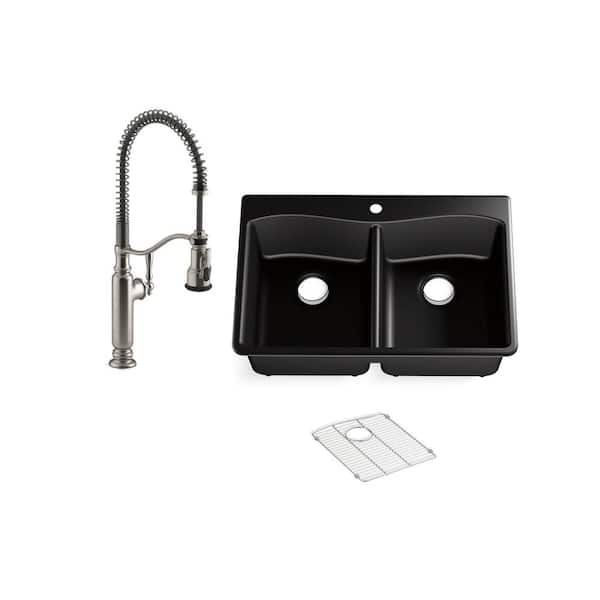 KOHLER Kennon Drop-in/Undermount Neoroc Granite Composite 33 in. Double Bowl Kitchen Sink with Tournant Faucet in Matte Black