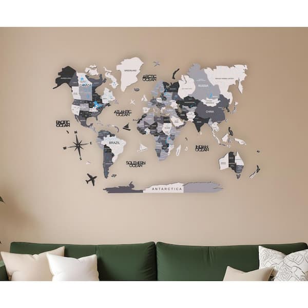 HomeRoots 59 in. x 35 in. Black, Grey, White and Wood World Map Hanging Dimensional Wall Art 1-Piece