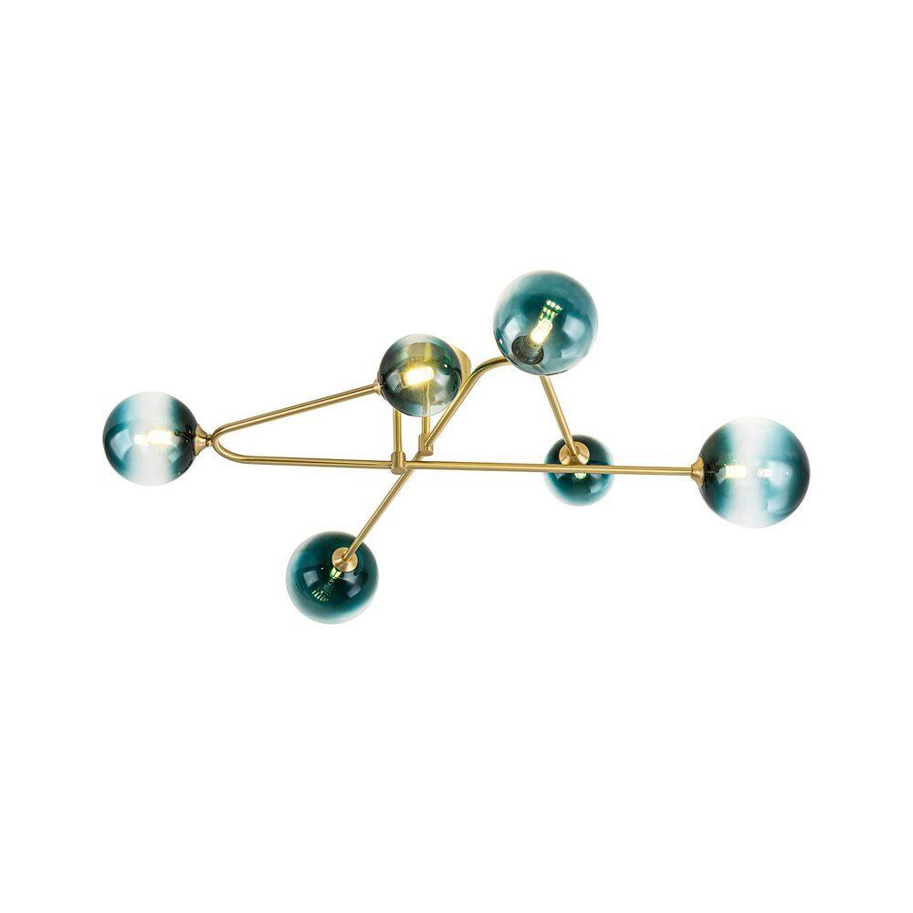 Ceder 6-Light 33.9 in. L Brushed Brass Modern Linear Semi-Flush Mount with Blue Tinted Glass for Living Room Dining Room