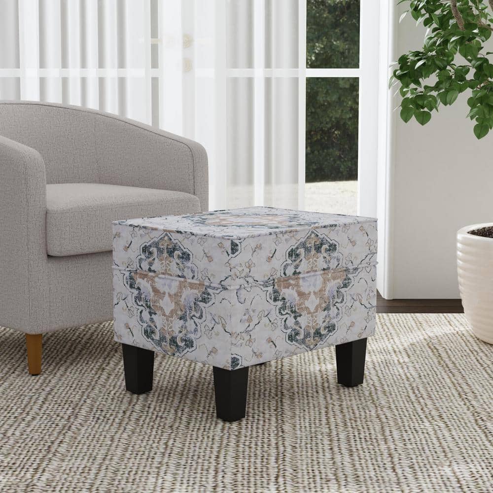 Antiqued Ebony Medallion Upholstered Storage Ottoman with Hinged Lid