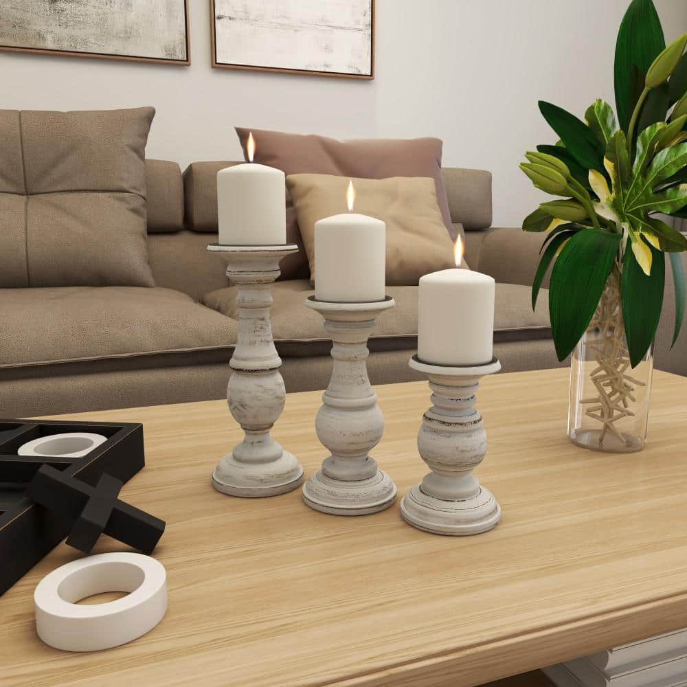 Set of 3 White Distressed Wood Pillar Candle Holders