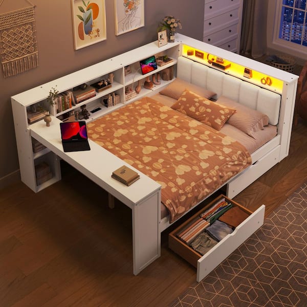 White Full Size Upholstered Daybed with Storage Shelves, Drawers, Charging Station, LED and Desk
