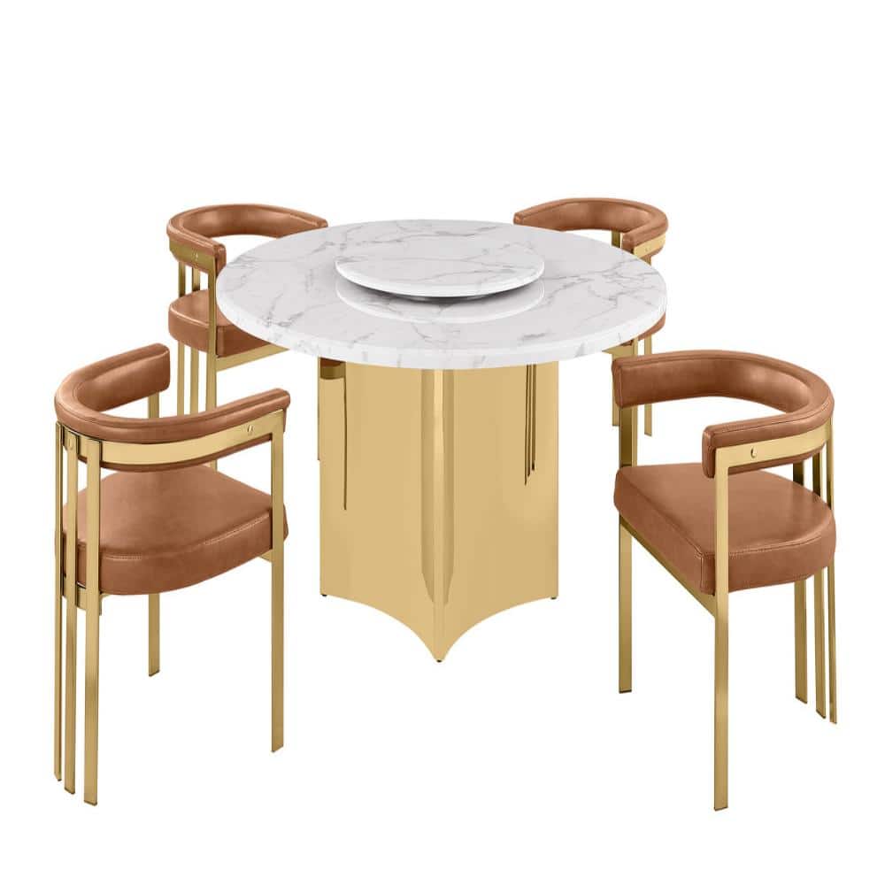 Camryn 5-Piece Round White Marble Top With Lazy Susan Gold Stainless Steel Base Dining Set With 4 Toffee Color Chairs price history on PriceWatchPro