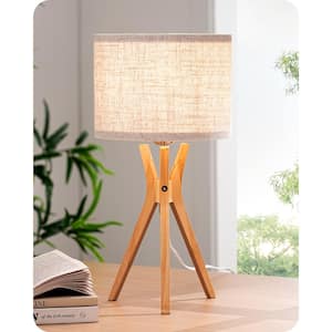 17.5 in. Natural Wooden Tripod Transitional Table Lamp with Fabric Beige Shade